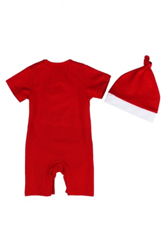 Cute Crew Neck Short Sleeve Infant Boys Christmas Santa Romper Dark Red