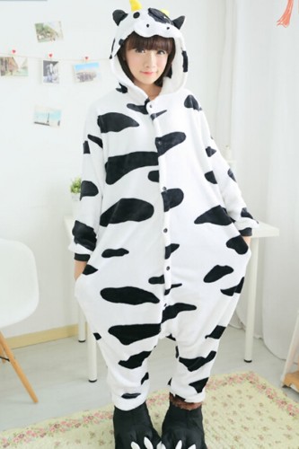 White Delicate Ladies Flannel Pajamas Cow Halloween Jumpsuit Costume