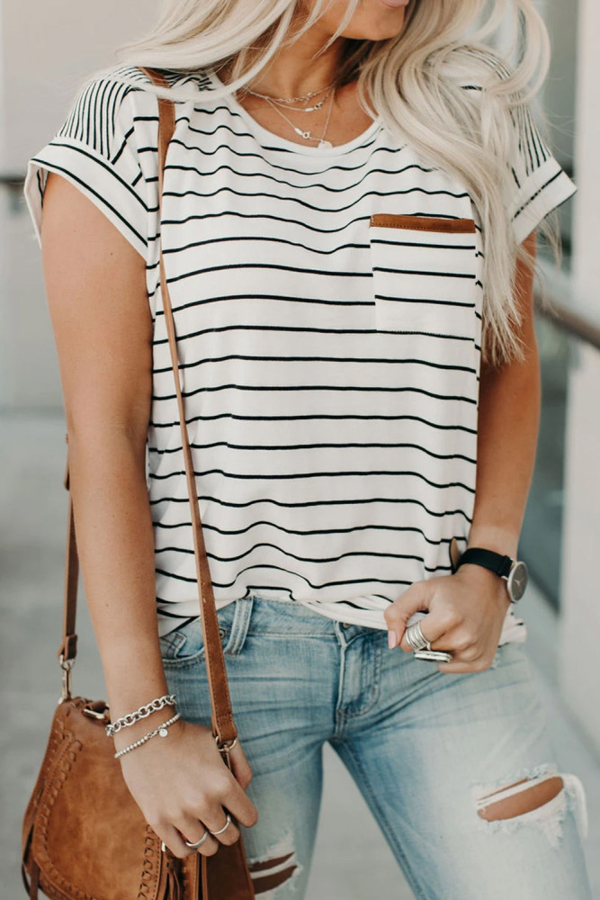 Striped Round Neck Tee with Patch Pocket