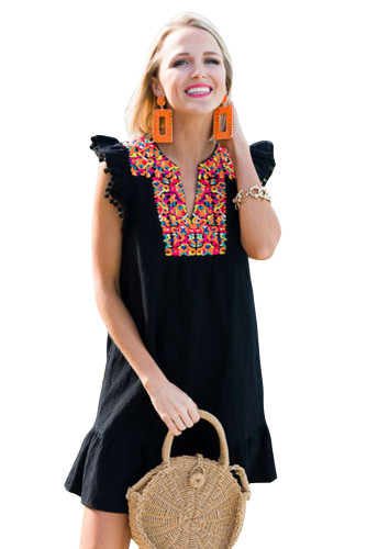 Black Boho Print Pompom Sleeve Shift Dress