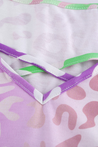 Purple Ombre Crisscross V Neck Printed T-shirt