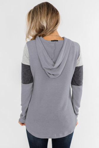 Gray Color Block Patchwork Long Sleeve Hoodie