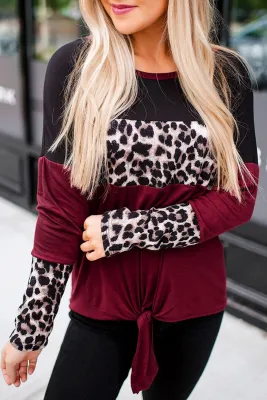 Long Sleeve Leopard Printed Color Block Pullover Blouse
