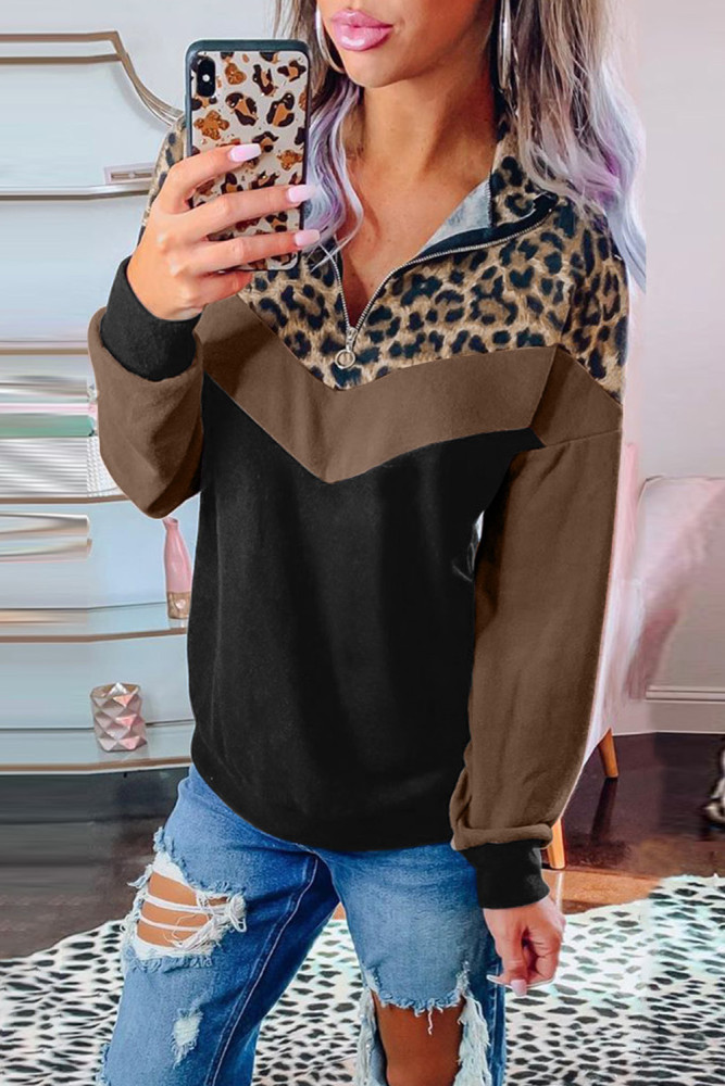 Leopard Print Splicing Colorblock Zipped Collar Sweatshirt