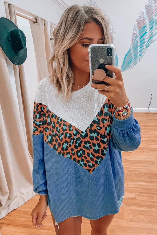 Blue Colorblock Leopard Patchwork Knit Top