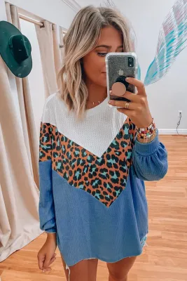 Blue Colorblock Leopard Patchwork Knit Top