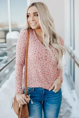 Pink Button V Neck Long Sleeve Floral Top