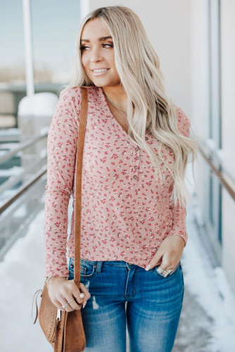 Pink Button V Neck Long Sleeve Floral Top