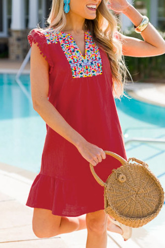 Red Boho Print Pompom Sleeve Shift Dress
