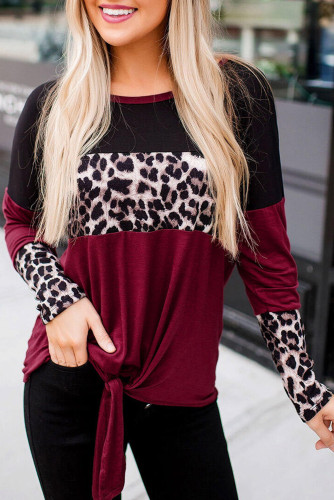 Long Sleeve Leopard Printed Color Block Pullover Blouse