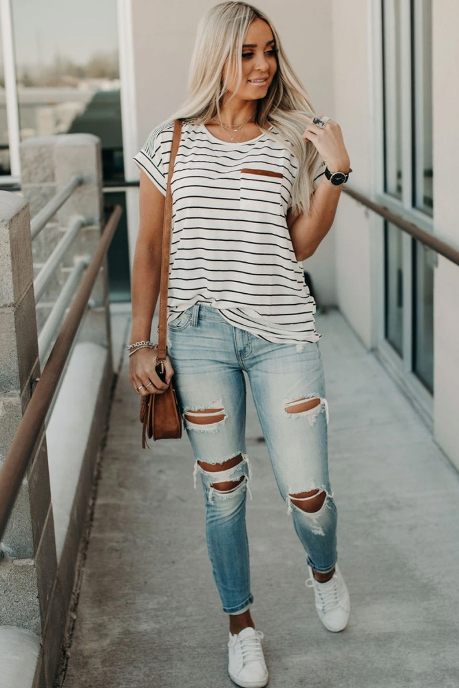 Striped Round Neck Tee with Patch Pocket