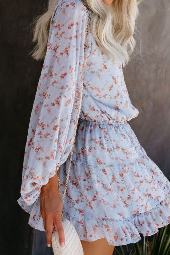 Sky Blue V Neck Lantern Sleeves Floral Tunic Dress