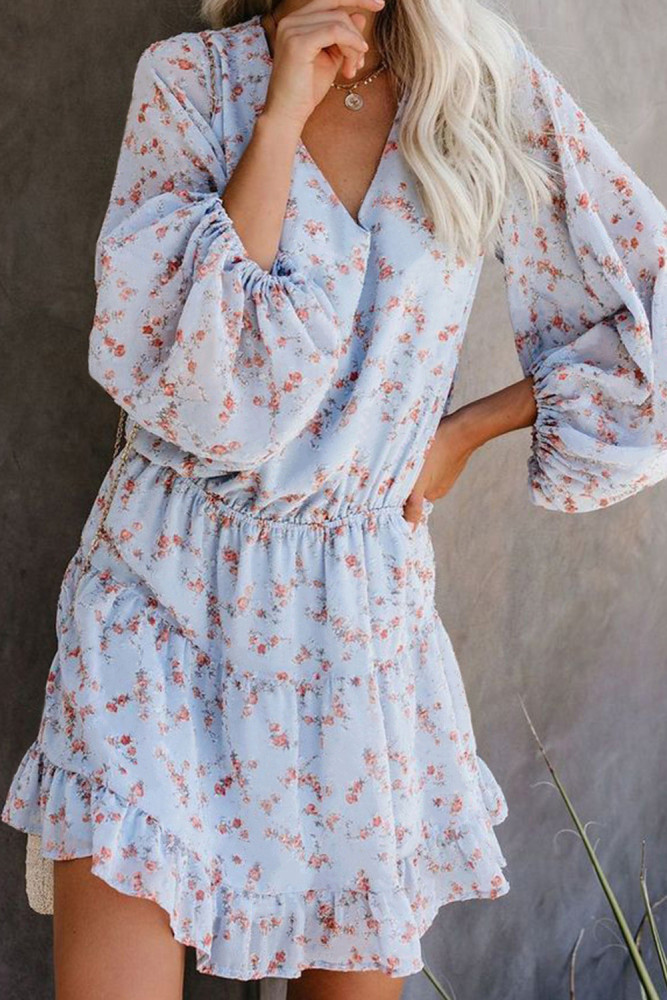 Sky Blue V Neck Lantern Sleeves Floral Tunic Dress