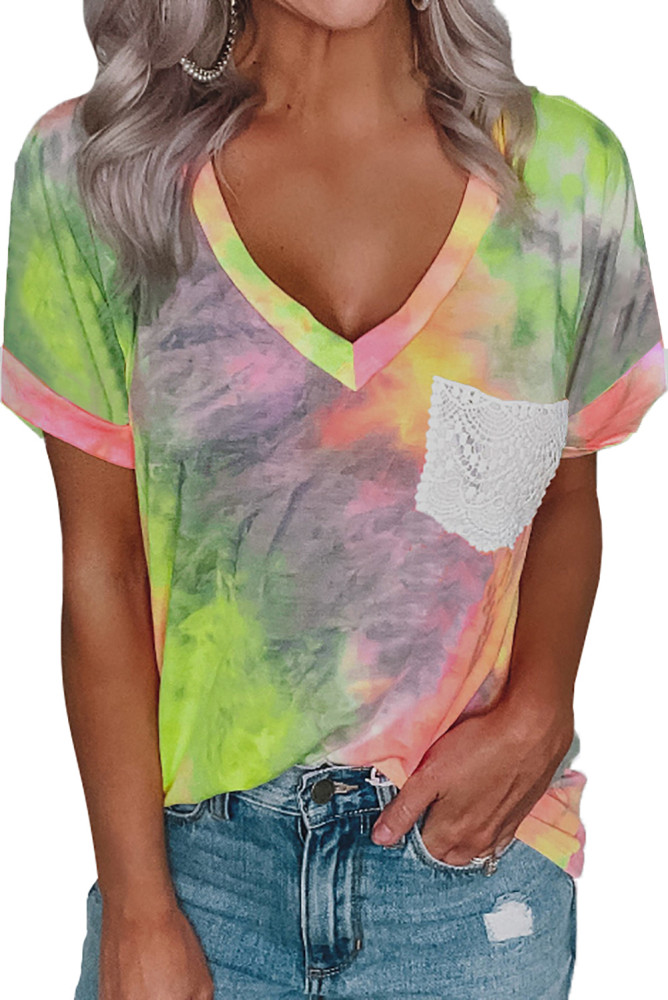 Yellow Lace Pocket Tie-dye V Neck T-shirt