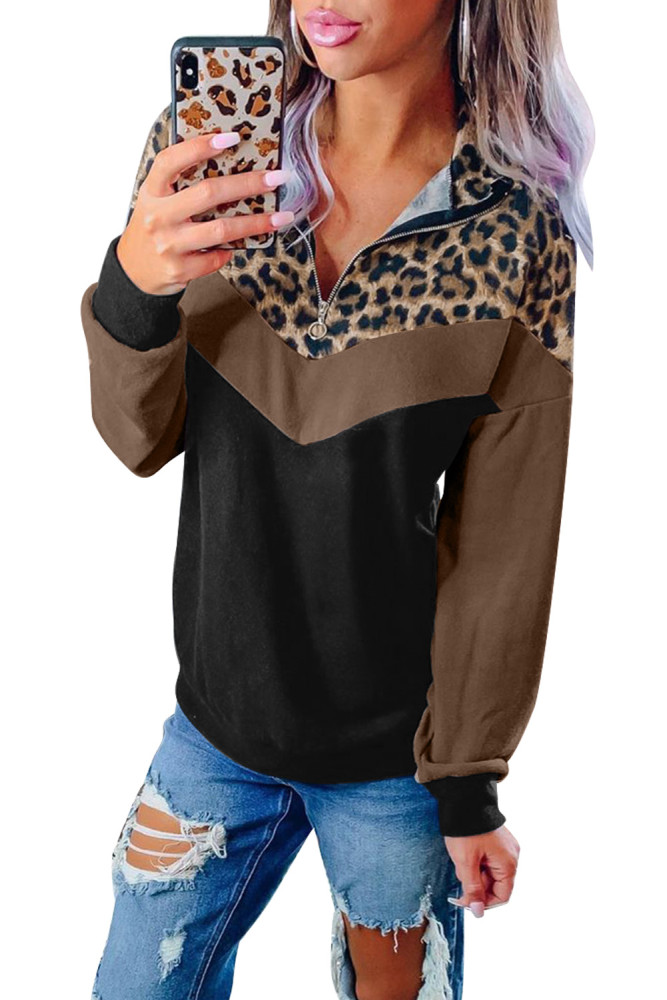 Leopard Print Splicing Colorblock Zipped Collar Sweatshirt