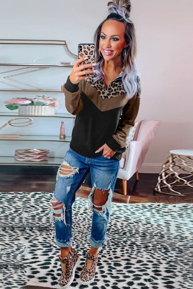 Leopard Print Splicing Colorblock Zipped Collar Sweatshirt