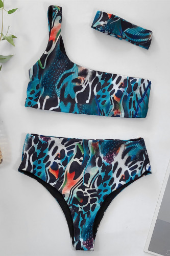 Random Graphic One Shoulder Bikini Set with Headband