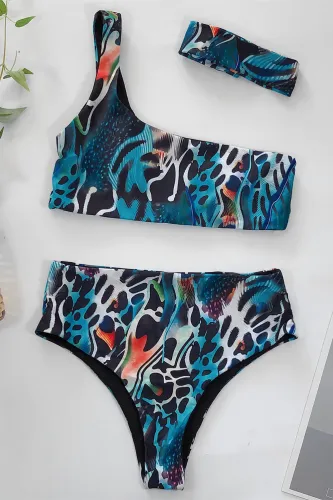 Random Graphic One Shoulder Bikini Set with Headband