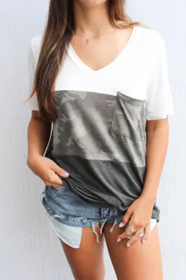 V Neck Colorblock Camo Print Splicing T-shirt