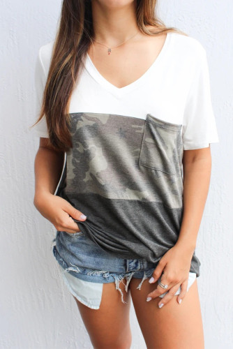 V Neck Colorblock Camo Print Splicing T-shirt