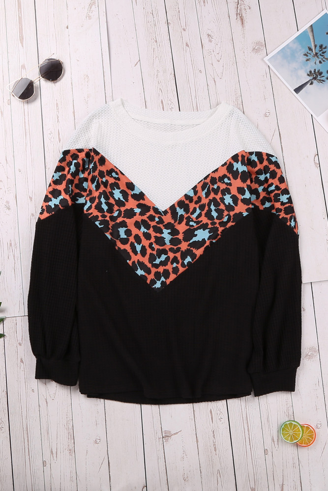 Black Colorblock Leopard Patchwork Knit Top