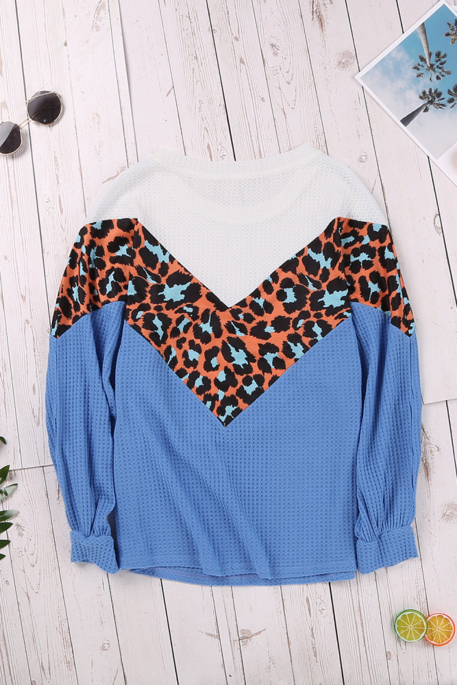 Blue Colorblock Leopard Patchwork Knit Top
