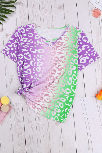 Purple Ombre Crisscross V Neck Printed T-shirt