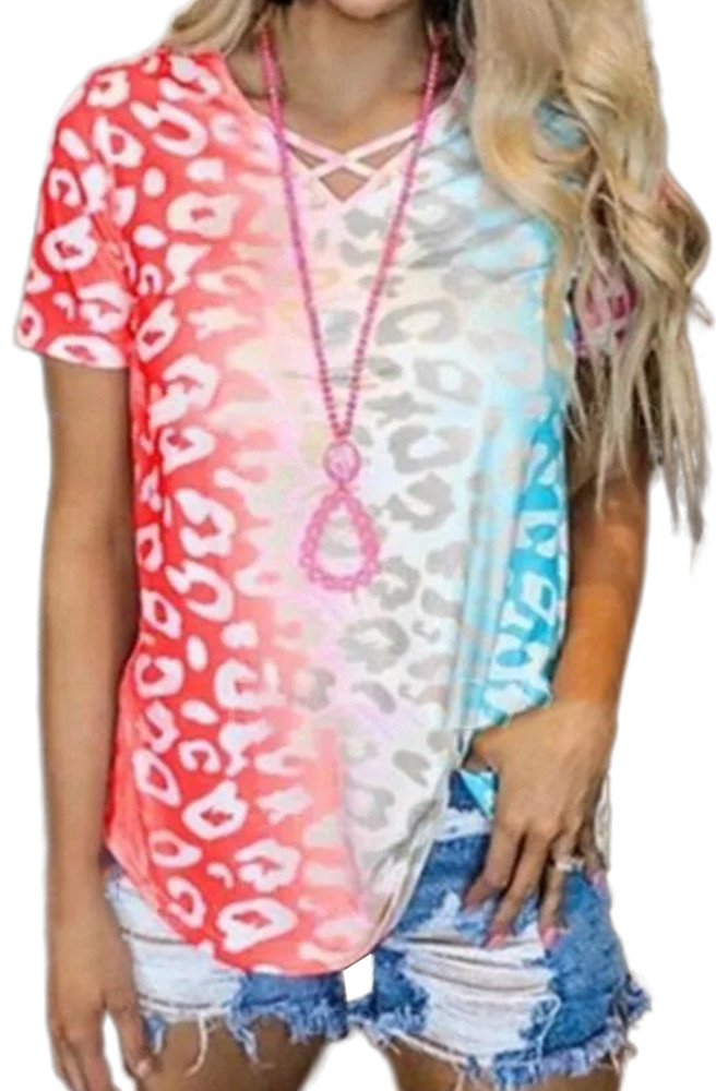 Red Ombre Crisscross V Neck Printed T-shirt