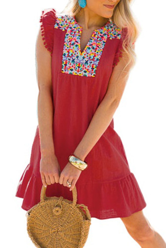 Red Boho Print Pompom Sleeve Shift Dress