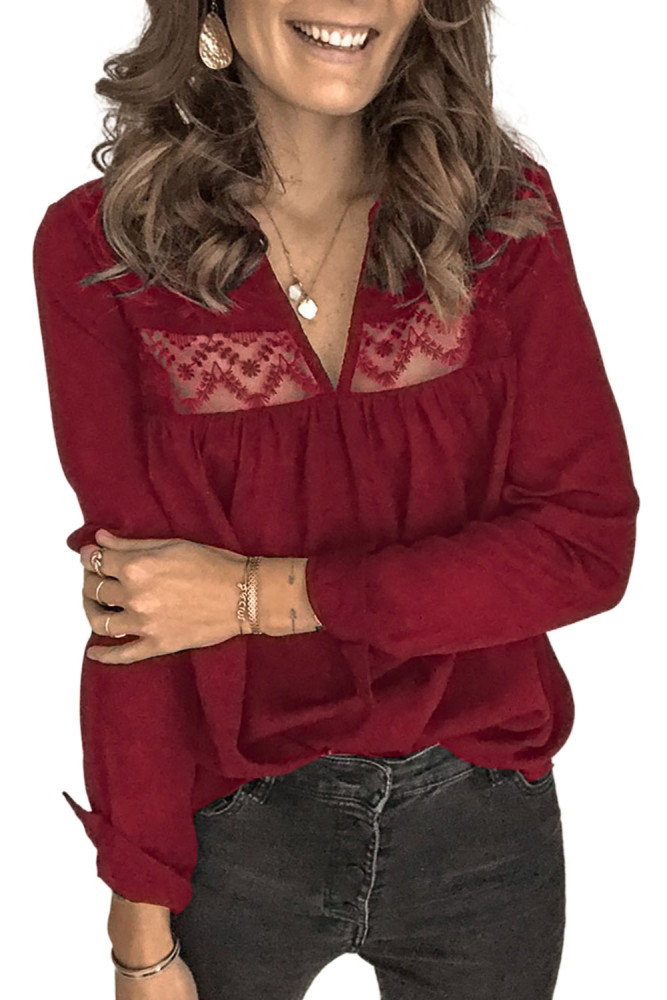 Red Patchwork Lace Cut out Backless V Neck Shirt