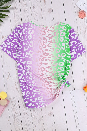 Purple Ombre Crisscross V Neck Printed T-shirt
