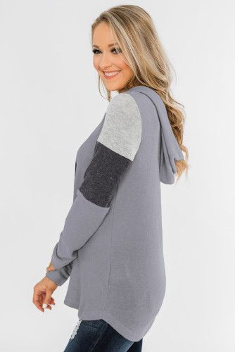 Gray Color Block Patchwork Long Sleeve Hoodie