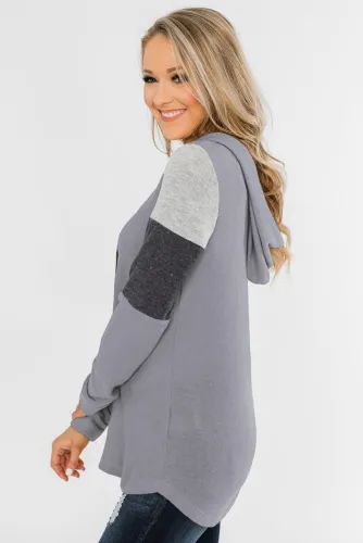 Gray Color Block Patchwork Long Sleeve Hoodie