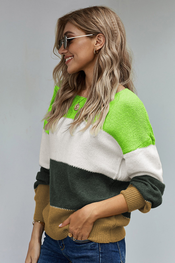 Green Pullover Colorblock Winter Sweater