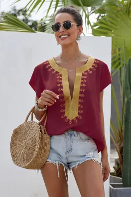 Wine Short Sleeve Printed Neck Shift Blouse