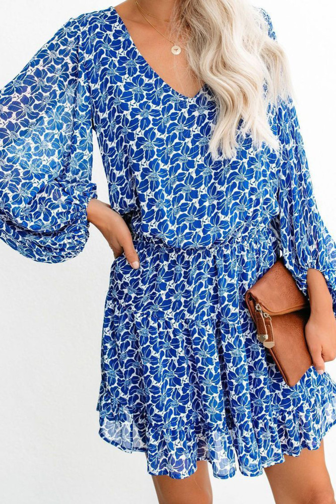 Blue V Neck Lantern Sleeves Floral Tunic Dress