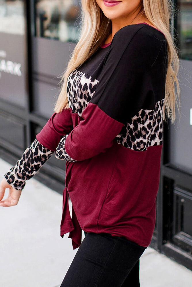 Long Sleeve Leopard Printed Color Block Pullover Blouse