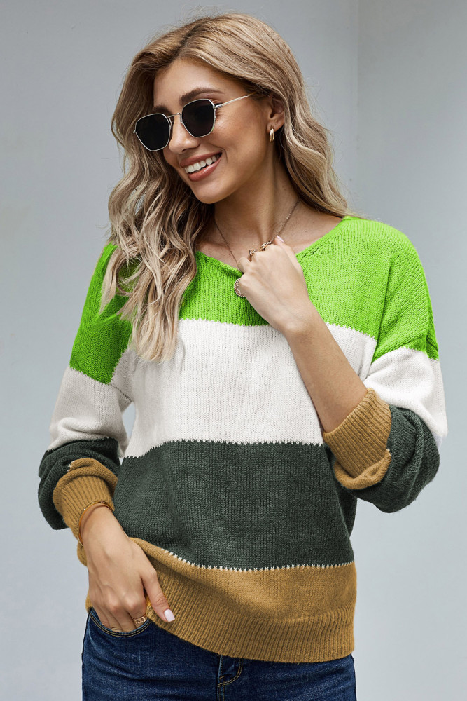 Green Pullover Colorblock Winter Sweater