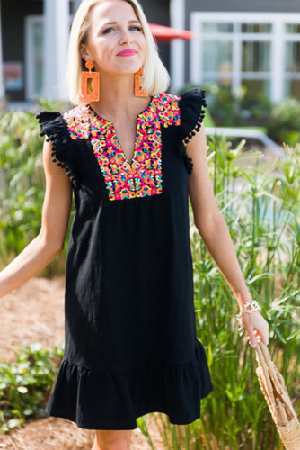Black Boho Print Pompom Sleeve Shift Dress