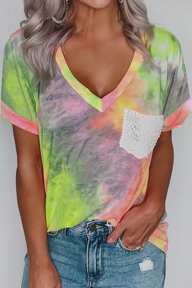 Yellow Lace Pocket Tie-dye V Neck T-shirt
