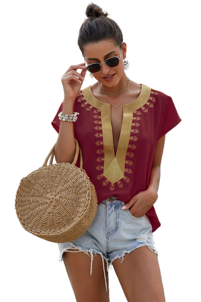 Wine Short Sleeve Printed Neck Shift Blouse