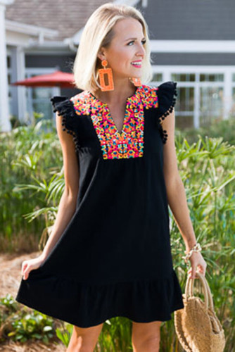 Black Boho Print Pompom Sleeve Shift Dress