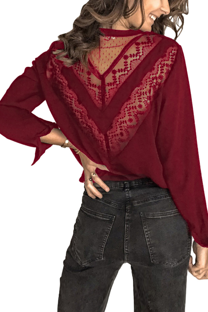 Red Patchwork Lace Cut out Backless V Neck Shirt