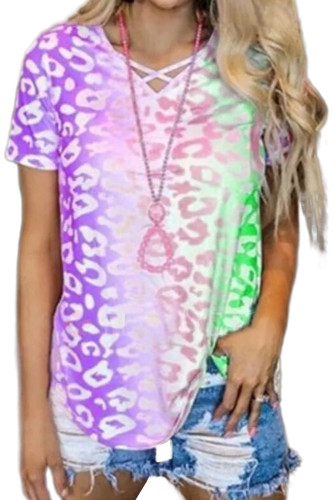 Purple Ombre Crisscross V Neck Printed T-shirt