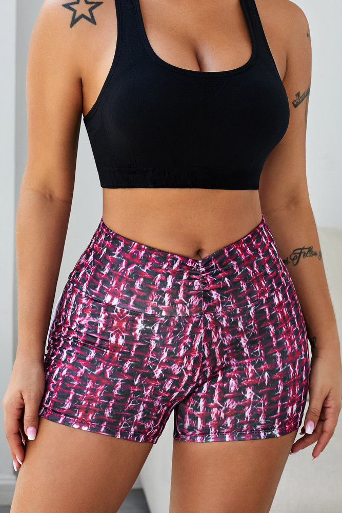 Red Printed High Waist Lift Up Yoga Shorts