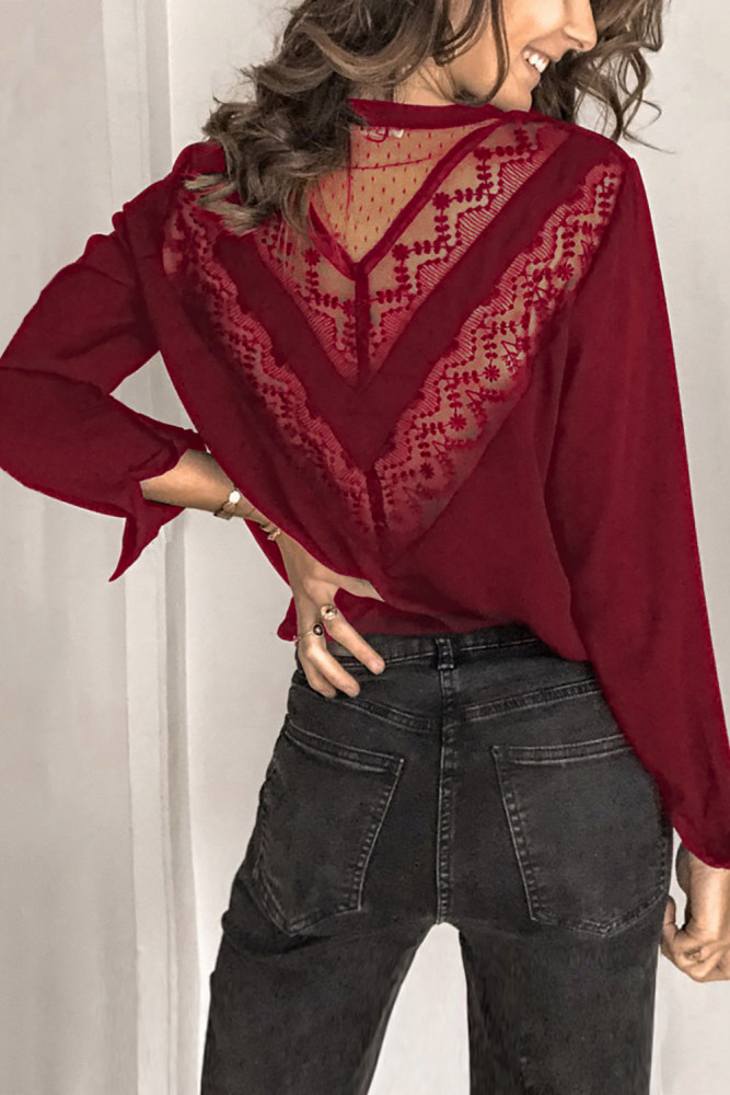 Red Patchwork Lace Cut out Backless V Neck Shirt