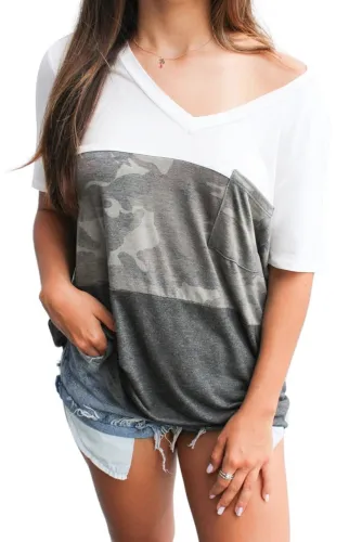 V Neck Colorblock Camo Print Splicing T-shirt