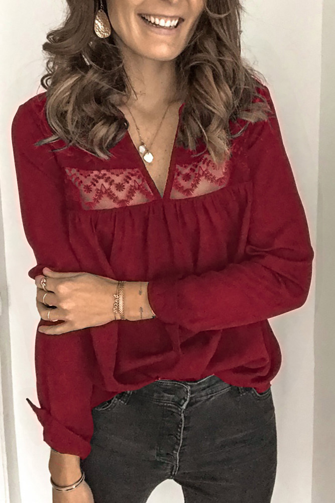 Red Patchwork Lace Cut out Backless V Neck Shirt