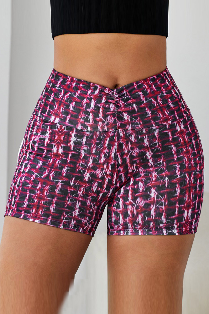 Red Printed High Waist Lift Up Yoga Shorts