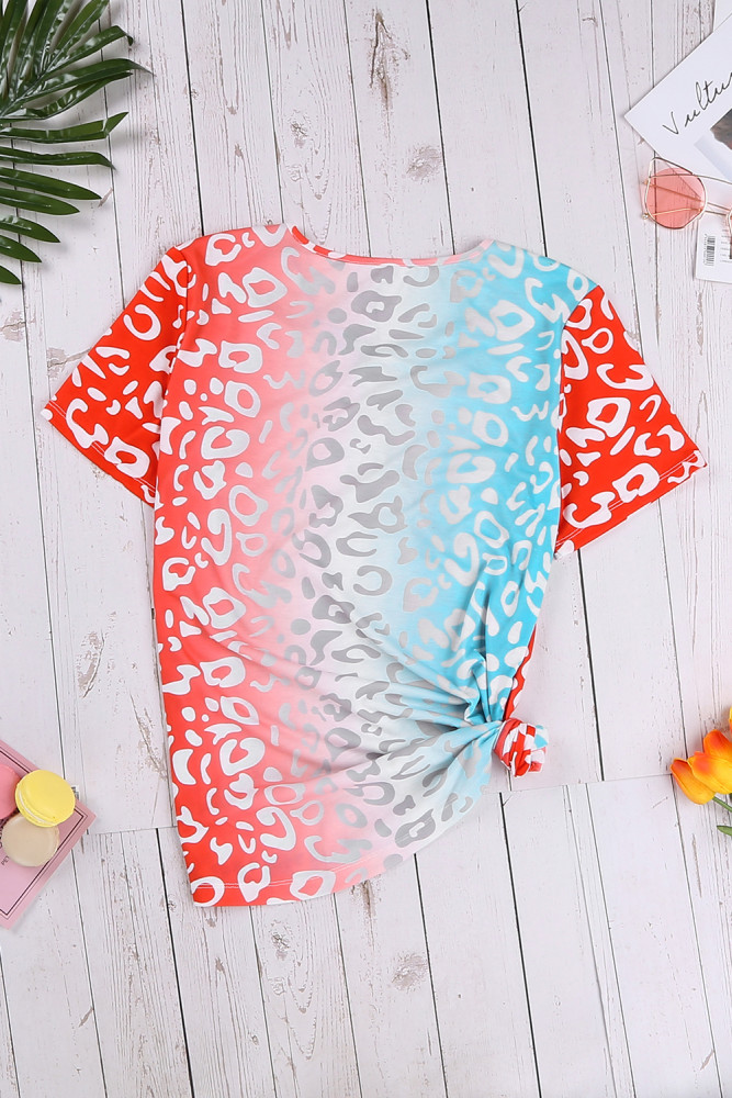 Red Ombre Crisscross V Neck Printed T-shirt